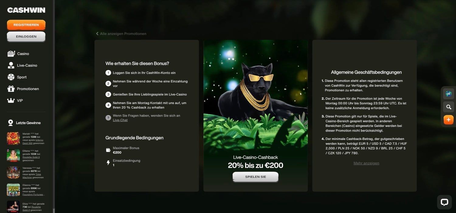 Cashwin Casino Live-Casino Cashback
