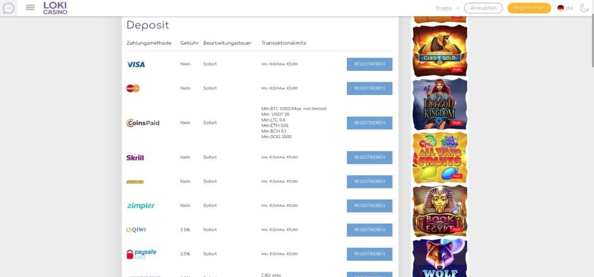 Loki Casino Zahlungsmöglichkeiten