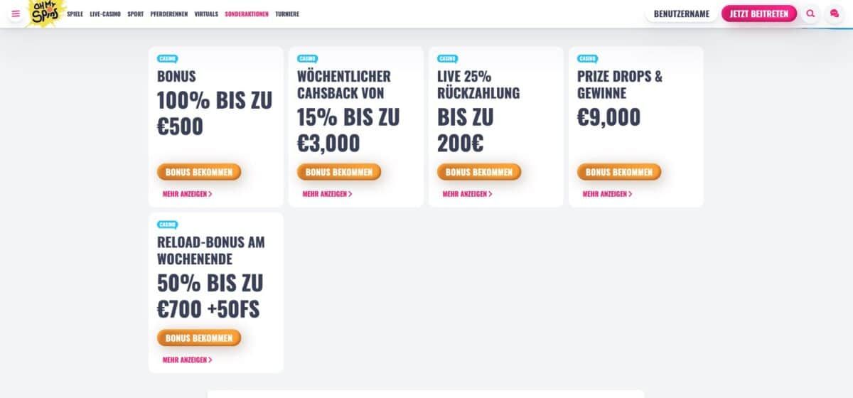 OhMySpins Casino Bonus Aktionen