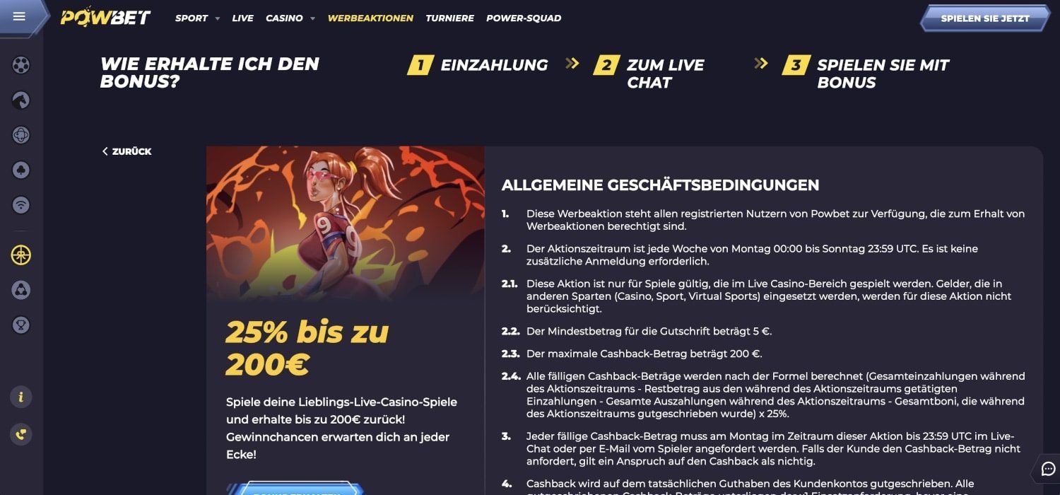 PowBet Casino live Cashback