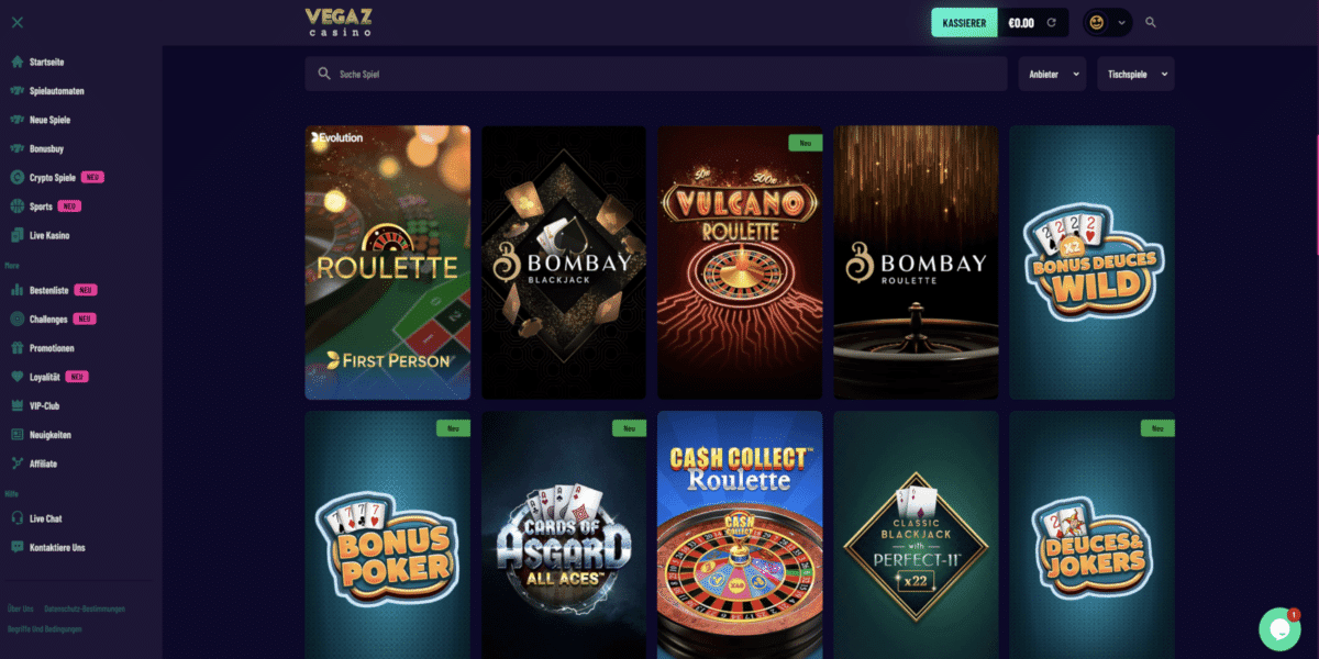 Vegaz Casino Tischspiele
