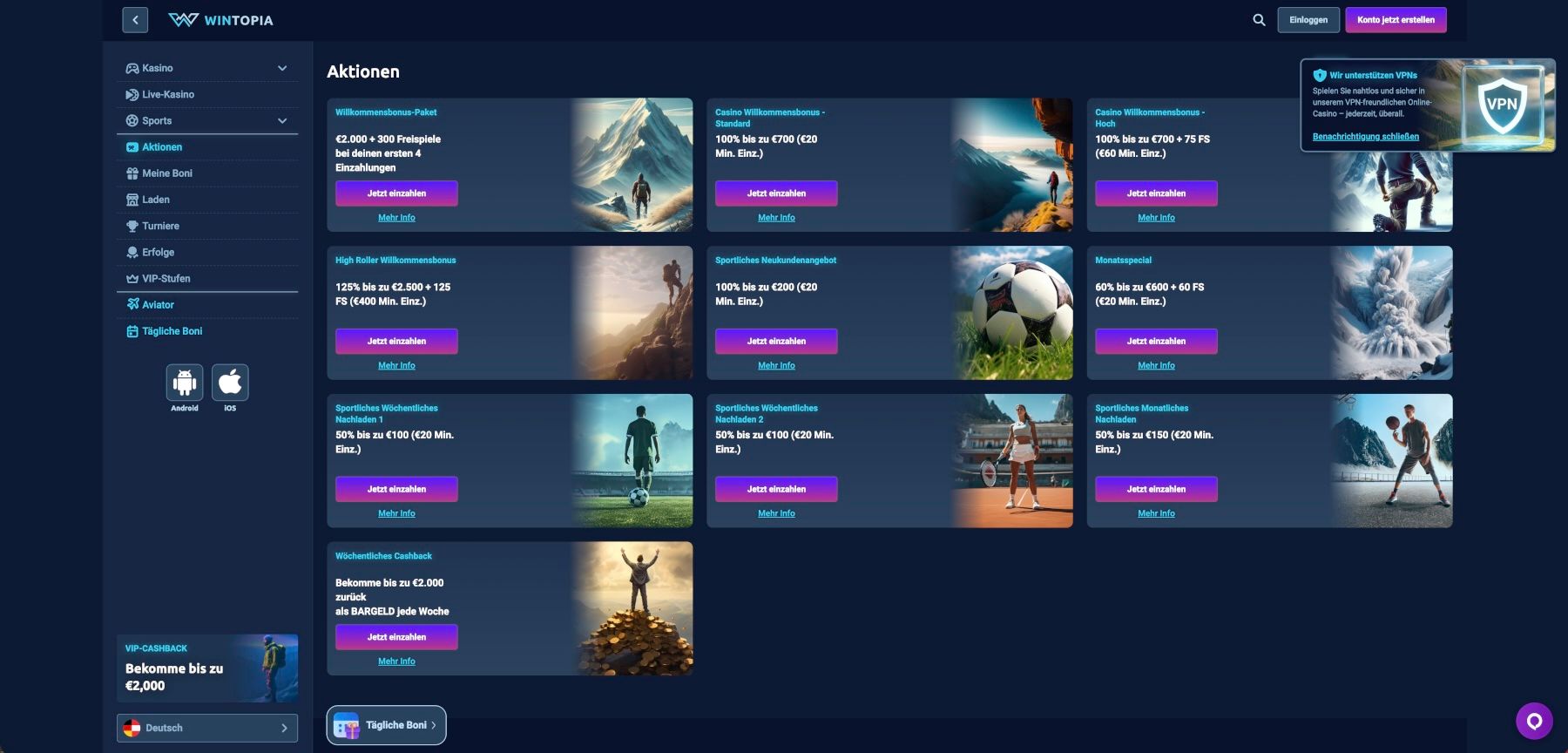 Wintopia Casino Aktionen